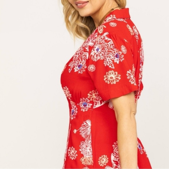 Free People Blue Hawaii Collared Short Sleeve Red Mini Dress Size L - Picture 2 of 16